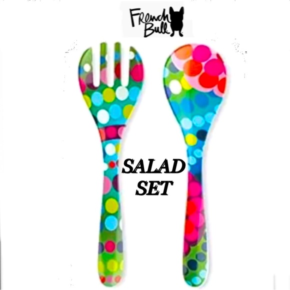 FRENCH BULL 2pc Salad Server Set Fork & Spoon multicolor size 13" NWT - Picture 1 of 5